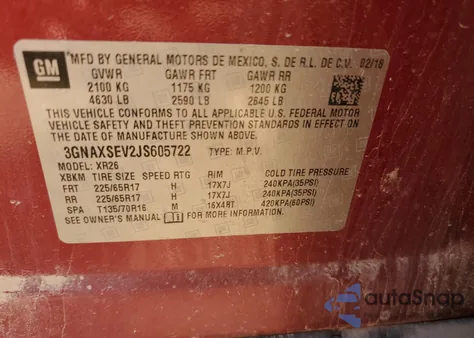 2018 Chevrolet Equinox Lt z USA, uszkodzony, nr VIN 3GNAXSEV2JS605722